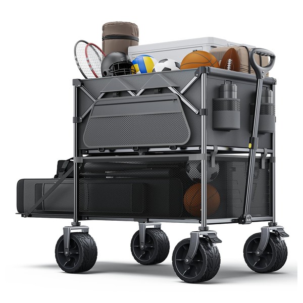 Foldable Wagon Cart,Everyfun 480Lbs Double Decker Wagon,Beach Carts with Big