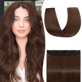 SEGO One Piece Clip in Extensions, 5 Clips Real Human Hair Extensions, Long Straight, 22 inches, #04 Chocalate Brown