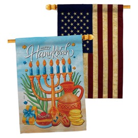Hanukkah Feast Wall Decor American Flag Banner Pack Patio Lawn Garden Patriotic Outdoor Decoration Indoor Tapestry Yard Sign Menorah Jewish Chanukah festival Jews Hebrews Isreal Star David Made In USA