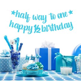 bng-bng Half Way To One Banner for Baby Boy 6 Months Old Birthday Party Decorations Happy 1/2 half Birthday Bunting Baby Shower Sign Blue