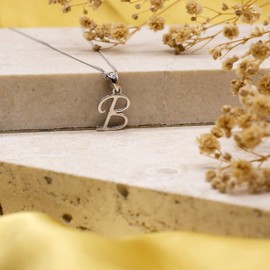 Tuscany Silver Women's Sterling Silver Rhodium Plated Diamond Initial 'B' Pendant on Curb Chain of 46cm/18"