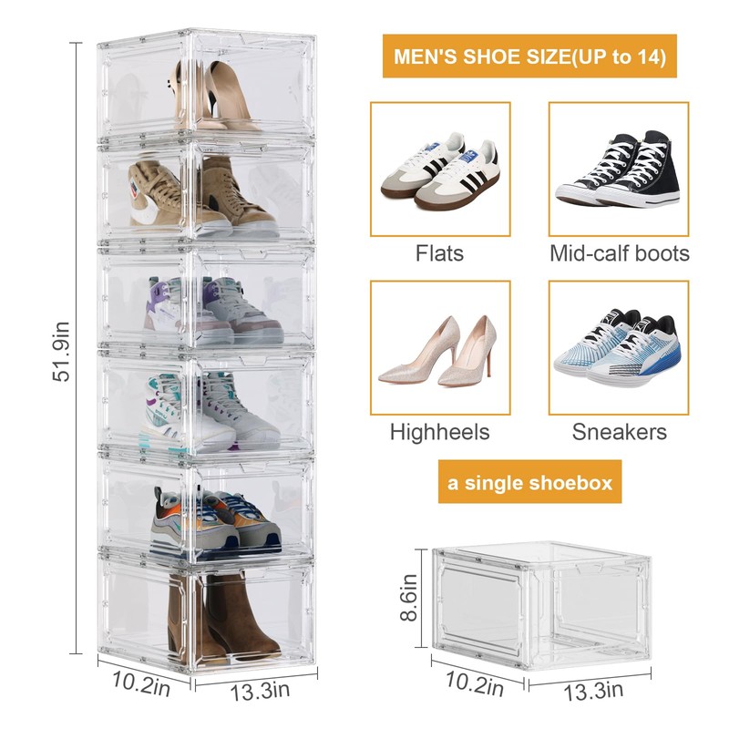 YAOBAI Shoe Box,Set of 6,Stackable Plastic Clear Shoe Box Organizer