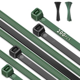 8 Inch Cable Zip Ties, 200pcs, PA66 Heavy Duty with 42 Lbs Tensile Strength, Multicolor Self-locking Nylon Cable Ties for Home Office Gardening Fence Farming, Green & Black
