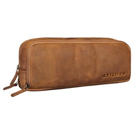 STILORD 'Flo' Leather Pencil Case Large Genuine Cowhide Vintage Pencil Case Retro Pencil Case with 3 Zips, Tan - dark brown., Toiletry bag