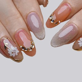 LUYING Nail Tip, Glow Flower Cat Eye, 24 Pieces, Medium, Short, Round False Nails, Short Nail Tip, Medium Long, Popular, Japanese Style, Cute, Simple, Fashionable, Coming of Age of Age Ceremony