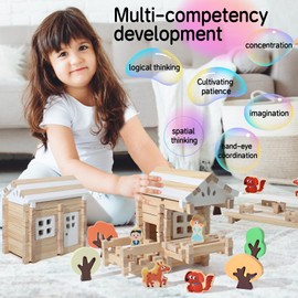 BESTAMTOY 75 PCS Wooden Log Cabin Set Building House Toy for Toddlers, Best Retro Building Gift Set for Boys/Girls Classical STEM Construction Kit Compatible for 3+ Kids