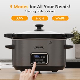 SUNVIVIPRO 4QT Slow Cooker, Programmable Pot with Removable Ceramic Pot, Locking Lid, 3 Heating Settings & Time Control,Dishwasher-safe Lid & Pot, Grey