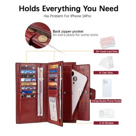 BOSTANTEN Womens Wallet Genuine Leather Wallets Large Capacity Cash Cluth Purse with Zipper Pocket Wine Red