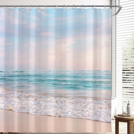 Visioun Ocean Beach Coastal Seaside Shower Curtain for Bathroom 72W*72H Inch Nautical Summer Seacoast Beachy Waves Bathtub Decor Seascape Neutral Waterproof Polyester Fabric Set with 12 Hooks
