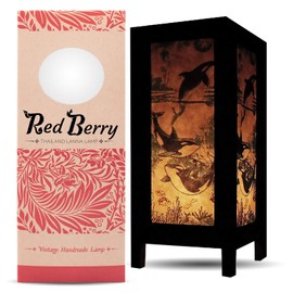 Red Berry Bedside Japanese Lamp - Vintage Asian Inspired Decorative Table Lamp with Fabric Square Lamp Shade - Retro Whale Fish Lamp for Bedroom Nightstand, Desk, Living Room, Dorm ( Whale Fish )