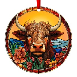Acrylic Highland Cow Christmas Ornaments, Farmhouse Christmas Decor, Western Farm Decor Gifts for Family, Mom, Dad, Friends, Cow Farmers, Hanging on Holiday Decorations (Suncatcher)