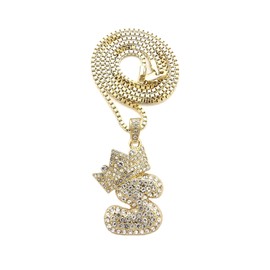 Fashion 21 Iced Out Crown Tilted Bubble Initial Letter Pendant 24" Box Chain Necklace in Gold, Silver Tone (Gold/S)