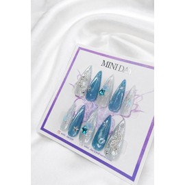 Silver Star Aqua Handmade Nail Tips - Long Stiletto / 실버 스타 아쿠아 수제 네일팁 - 롱 스틸레토