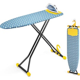 Ironing Board, Compact Iron Board with Silicon Iron Mat, Heat Resistant Cover, 7 Height Adjustable, Foldable Ironing Board Wall Mount Hanger, 13x43 Yellow