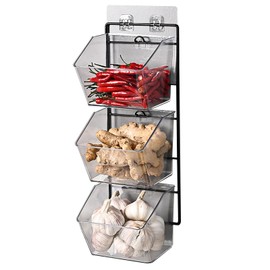 Sunicon Wall Mounted Storage Container, 3 Tier Metal Wire Fruit Storage Basket, Hanging Kitchen Fruit Produce Storage Bins Organizer, Wall Mounted Storage Container for Garlic Ginger Onion