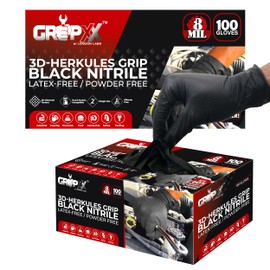 GRIPXX Herkules Grip Heavy Duty 8Mil Black Nitrile Gloves,3D Raised Diamond Texture-Latex & Powder-Free Industrial, Mechanic (200, Large)
