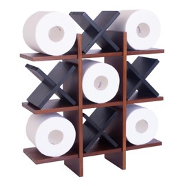 DAOYOUSKY Tic Tac Toe Toilet Paper Holder Stand with 4pcs Wooden X, Farmhouse Rustic Wall Mounted Funny Toilet Papers Storage Organizer with Shelf, Guest Bathroom Decor, Brown and Black