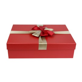 Emartbuy Rigid Gift Box, 31.5 x 23 x 8.5 cm, Red Box with Lid, Brown Interior and Gold Red Decorative Ribbon