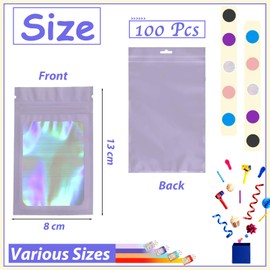 100pcs Mylar Holographic Bags 8x13cm,Purple Smell Proof Mylar Bags Resealable Sweet Pouches,Small Plastic Bags Sample Bags for Lipgloss,Jewelry,Eyelash,Food Storage Gift Grip Foil Ziplock Mylar Bags