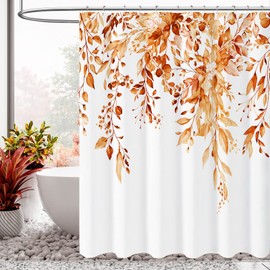 BBiggood Orange Eucalyptus Leaves Shower Curtain, Fall Watercolor Plant with Floral Waterproof Shower Curtain Set for Bathroom Decor with Hooks, 72x72