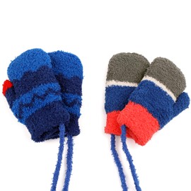 Zeltauto 2 Pairs Kids Mittens on String for Girls and Boys Toddler Winter Gloves Knitted Warm Plush Lining for Children 1-3 Years (Blue + Grey)