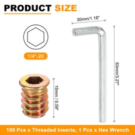 uxcell 100 Pcs Threaded Insert for Wood, 1/4" - 20 Carbon Steel Threaded Studs Hex Socket Drive Nut Inserts Screw in Nut Fastener Connector with Hex Wrench 15mm Length for Home, Gold