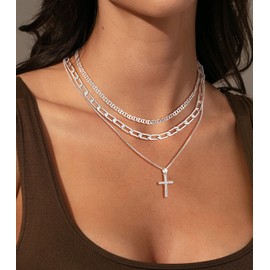 DIFOMI Silver Layered Cross Necklaces for Women, Dainty Sterling Silver Plated Cross Necklace Trendy Box Chain with CZ Cross Pendant Chunky Paperclip Pig Nose Chain Necklaces for Women Jewelry Gift