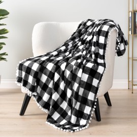 (130cm x 150cm , Checkered White) - PAVILIA Fleece Throw Blanket with Pom Pom Fringe Buffalo Plaid Chequered White, Black Flannel Throw Super Soft Lightweight Microfiber Polyester Plush, Fuzzy, Cosy 130cm x 150cm
