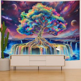 Blacklight Tree of Life Tapestry UV Reactive Waterfall Tapestry Galaxy Space Tapestry Aesthetic Tree Wall Tapestry Colorful Starry Sky Tapestry Wall Hanging for Bedroom - Color: white, Bedding Size: 60*90in