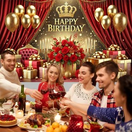 Red and Gold Happy Birthday Background 71x43 Inch Birthday Party Decorations Party Banner with Flowers and Balloons Photo Booth Backdrop for Women and Girls