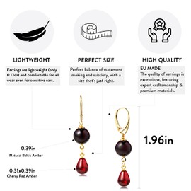 Amber by Mazukna - Red Amber Drop Earrings for Women, Yellow Gold Plated Silver Leverback Closure, Cherry Red Dangle Charms, Natural Gemstone Jewelry for Ladies, Length: 1.96in Weight: 0.13oz