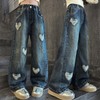 NABER Kids Girls Elastic Wide Leg Ripped Denim Pants Heart