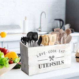 Gzsekken White Kitchen Utensil Holder,Farmhouse Utensil Organiser with 3 Compartment,Cutlery Caddy Drainage Bottom,Utensil Holder Wooden Kitchen Cooking Tools Storage for Countertop,Parties