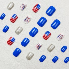 LBPEPAMZ 24Pcs 4th of July Press on Nails Short Square Fake Nails with Glitter Firework Design Independent Day Acrylic Nails False Nails United States Flag Silver Bling Glue on Nails for Women Decor