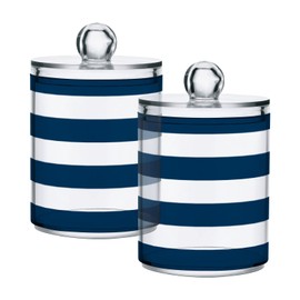 Navy Blue and White Striped 4 Pcs Qtip Holder Organizer Dispenser Storage Canister Plastic Apothecary Jars Bathroom Vanity for Cotton Swab Ball Pads Floss
