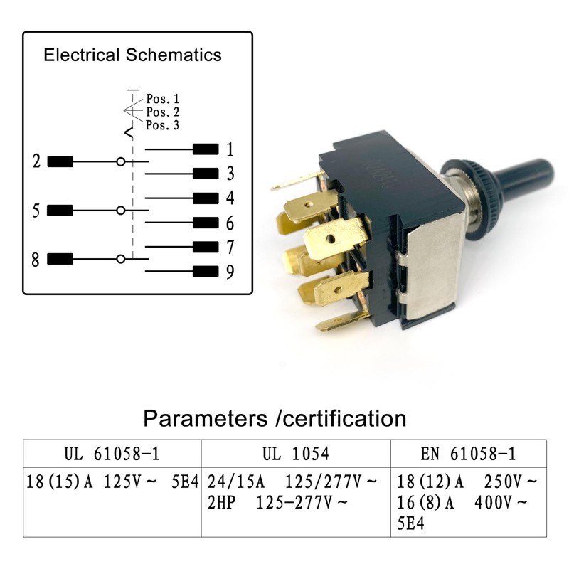 HY29K Toggle Switch 9-Pin 125-277V 24/15A ON-Off-ON with Silicone Protective