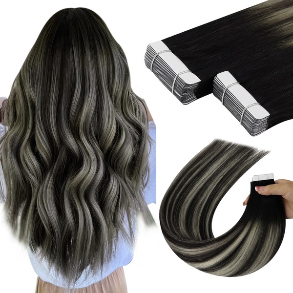 YoungSee Black Ombre Tape in Hair Extensions Human Hair 16 Inch Tape in Extensions Black and Silver Ombre Tape in Hair Extensions 20Pcs Tape in Hair Extensions for Women Real Human Hair 50G