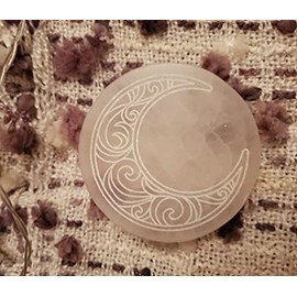 CrystalsAhoy 3" Selenite Charging Plate Etched with Crescent Moon Design, Selenite (3")
