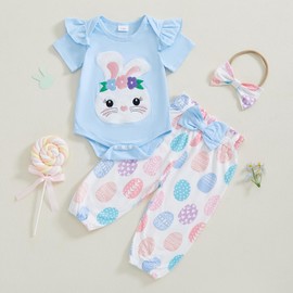 Karuedoo Newborn Baby Girl Easter Outfit Bunny Embroidery Ruffle Short Sleeve Romper Easter Eggs Long Pants Headband 3Pcs Set (Blue, 3-6 Months)