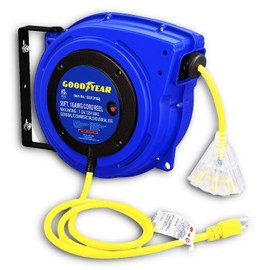 Goodyear Extension Cord Reel Retractable 16AWG x 50' Foot 3C/SJTOW Commercial Cable LED Triple Tap Connector Power 7.5A 125VAC 938W
