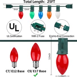 PASUTO C9 Vintage Christmas Lights, 25 FT Multicolor Christmas Tree Lights for Outdoor Indoor Decorations, Waterproof 25 Lights E17 Base christmas String Lights for Houses, Xmas Tree, Party Supplies