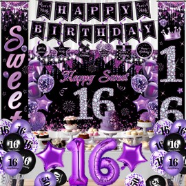 Purple Sweet 16 Birthday Decorations for Girls Purple Black 16th Birthday Banner Hanging Swirls Sweet 16 Porch Banner Backdrop Purple 16th Birthday Balloons Sash for Sweet Sixteen Birthday Party