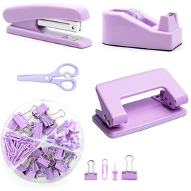 Office Supplies Set, Desk Accessories，Staple, Tape Holder, 2-Hole Punch,Scissor, Binder Clips, Paper Clips for Office Clerks Student (Purple Set)