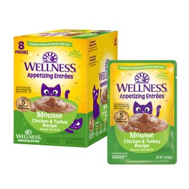 Wellness Appetizing Entrées Mousse Adult Wet Cat Food, Natural, Protein-Rich, Grain Free, 1.4 Ounce Pouch, 8 Pack (Chicken & Turkey Recipe)