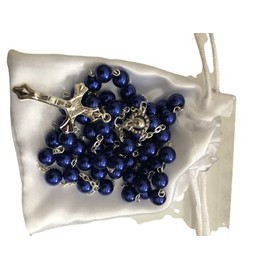First Holy Communion Dark Blue Rosary Beads 1st Communion Confirmation Girls/Boys Gift Excellent Quality Five Decade Rosary & Silver Crucifix Pearl Effect Beads with Free White Satin Drawstring Pouch