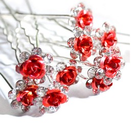 Weddecor Silver Rhinestone Crystal Rose Flower and Diamante Bridal Hair Pin Hair Clips for All Type of Hair For Women & Girls 40 red