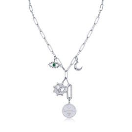 PAVOI Rhodium Plated Chunky Charm Necklace for Women | Statement Paperclip Chain Necklace with Removable Charms | Evil Eye Moon Butterfly Arrow Disc, 19 Inches, White Gold, Cubic Zirconia