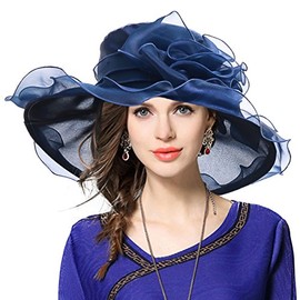 Kentucky Church Derby Hat Wide Brim Flounce Cocktail Tea Party Bridal Dress Hats (Ruffle-Navy)