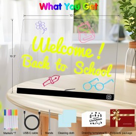 Hansanti LED Note Board with Colors, 13.7"X10" Light Up Acrylic Dry Erase Board Led Drawing Board for Kids 7 Colors Message Board Night Light with 7 Markers for Birthday Party Christmas Gift