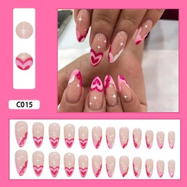 Valentine's Day French Tips Pink Press on Nails Almond Glossy Full Cover Medium False Nails with Heart Designs Reusable Acrylic Heart Fake Nails with Glue Stick on Fingernails for Women Girls